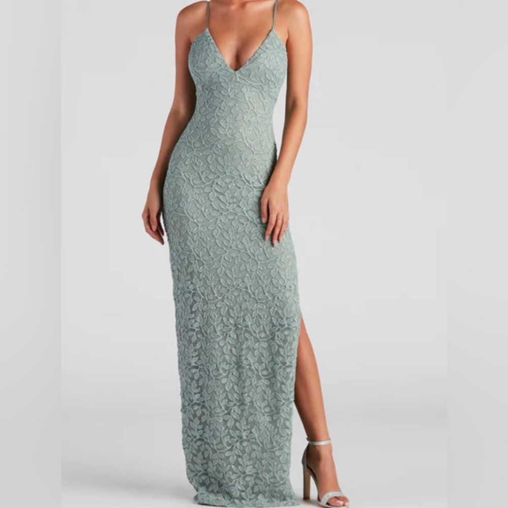 Sage Green Lace Mesh Plunge Neck Formal Dress